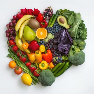 A heart-shaped arrangement of fresh fruits and vegetables