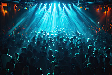 close up Crowded dancefloor in night club.Full nightclub during musical concert show - obrazy, fototapety, plakaty