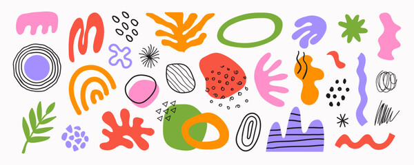 Abstract set natural organic shapes on a white background. Trendy doodle bundle with summer  hand drawn plant leaf and tropical shapes. Vector illustration