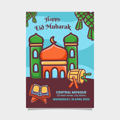 Eid Mubarak Flyer Poster for Open House with mosque illustration design template