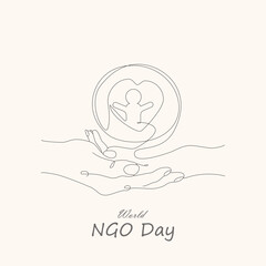 World Ngo Day design of helping charity hands, human, heart and world map. Vector, illustration. Hand drawn drawing of World NGO Day.