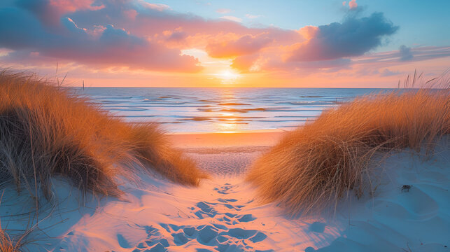 Beautiful dunes beach at sunset North Sea Germany, generative ai
