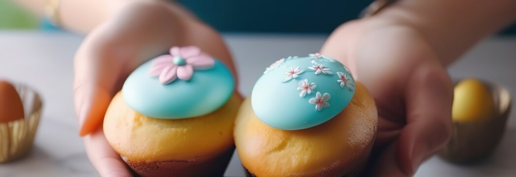 Hands of two women with Easter buns and Easter eggs. Paskalya coregi