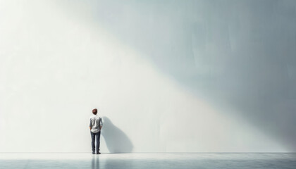 Man Contemplating in a Large Minimalist Space with Natural Light, Copy Space