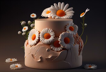 Stone podium, Cosmetic display stand with daisy blossom flowers on brown background. 3D rendering. Generative AI
