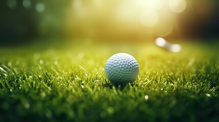 golf ball on grass on green grass golf course highlighted by sunrise light