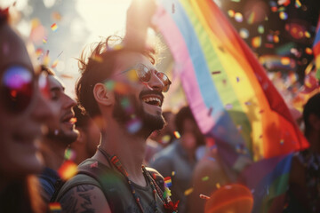 Joyful Crowd Celebrating with Confetti and Rainbow Flags at Pride Parade