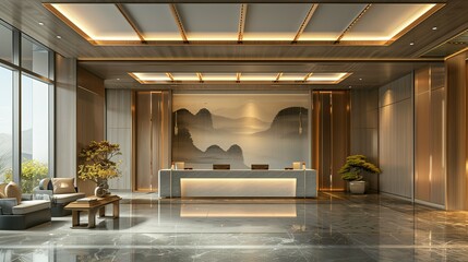 3d render of luxury hotel reception lobby