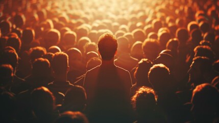1 person standing standing in middle among a crowd of people - obrazy, fototapety, plakaty
