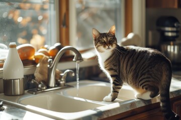Cat quenching its thirst by drinking water from a metal faucet.