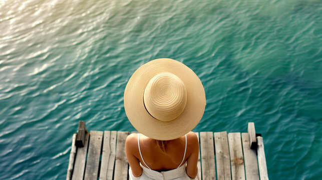A woman in a hat sits on the pier next to the pool.