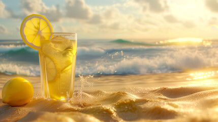 Drink with lemon by the ocean - obrazy, fototapety, plakaty