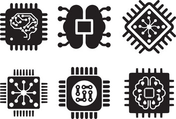 Modern Digital brain icons set. AI artificial intelligence symbols in computer chip style. Highly quality cyber world poster or banner designing. Digital Technology company logo ideas.