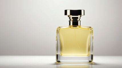 An elegant modern looking glass light yellow perfume bottle on plain white background from Generative AI