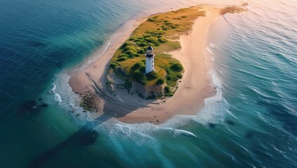 A remote island is home to a solitary lighthouse surrounded by the endless ocean.