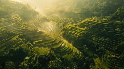 Aerial View of Serene Rice Terraces in Majestic Mountain Setting