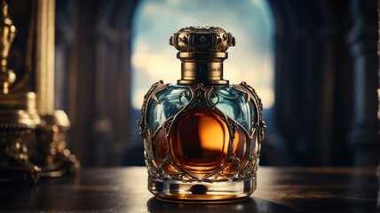 A beautiful glass for womens perfume bottle on a castle background from Generative AI - obrazy, fototapety, plakaty