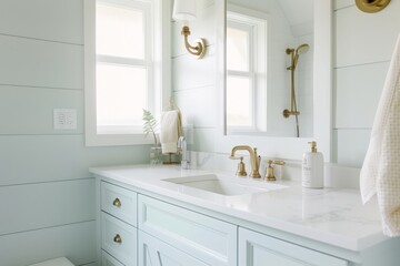 Fototapeta na wymiar The soft pastel color on this bathroom vanity brings a touch of modern beach house interior design to this space. house beautifully it pairs with the brass faucet and fixtures home design ideas