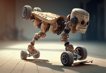 Robotic legs on skateboard, doing skate feints, 3d rendering on light background. Generative AI