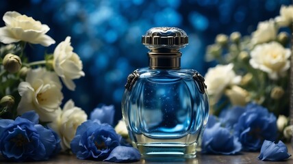 A beautiful glass for womens perfume bottle on blue flowers background from Generative AI
