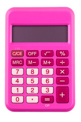 Pink digital calculator on the top view white background.