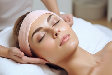 Fototapeta na wymiar Young woman enjoying massage in spa salon