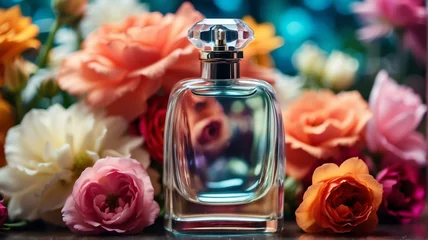 Foto op Plexiglas A beautiful glass for womens perfume bottle on colorful flowers background from Generative AI © Arceli