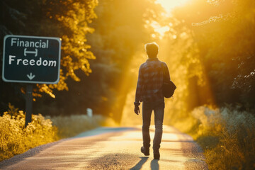  Journey to Financial Freedom: Man Walking Towards Sunlit Path with Directional Sign