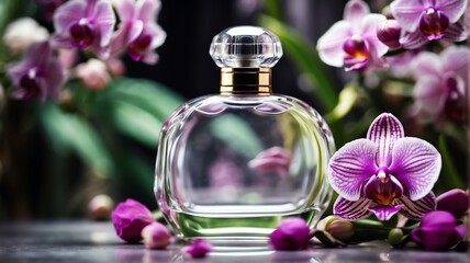A beautiful glass for womens perfume bottle on orchid flowers background from Generative AI