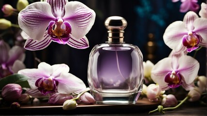 A beautiful glass for womens perfume bottle on orchid flowers background from Generative AI