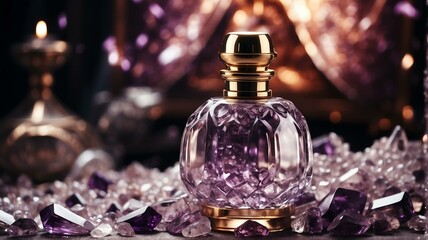 Obraz na płótnie Canvas A beautiful glass for womens perfume bottle on pile of amthyst crystals background from Generative AI