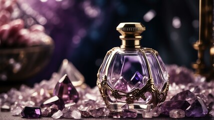 Obraz na płótnie Canvas A beautiful glass for womens perfume bottle on pile of amthyst crystals background from Generative AI