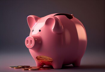 3D rendering of coins into a pink piggy bank. Saving, Investment concept. Generative AI