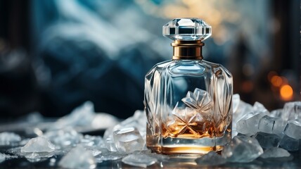 A beautiful glass for womens perfume bottle on pile of ice background from Generative AI - obrazy, fototapety, plakaty