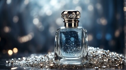 A beautiful glass for womens perfume bottle on pile of silver glitters background from Generative AI