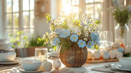 Easter : Festive decoration of the easter kitchen and table.
