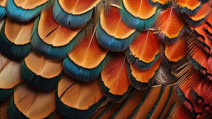 Closeup abstract background image of colorful ring-necked pheasant feathers. - obrazy, fototapety, plakaty