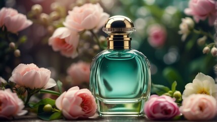 Obraz na płótnie Canvas A beautiful glass for womens perfume bottle on spring flowers background from Generative AI