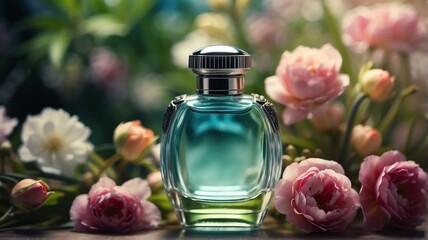 A beautiful glass for womens perfume bottle on spring flowers background from Generative AI