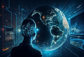 Virtual global internet connection illustration metaverse with a new experience in metaverse virtual reality technology. Metaverse digital world smart futuristic interface technology. Generative AI