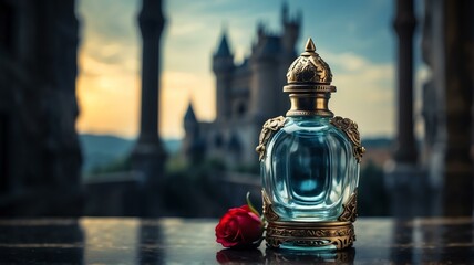 A beautiful glass for womens perfume bottle on statue of athena background from Generative AI - obrazy, fototapety, plakaty