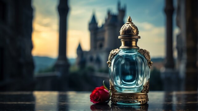 A Beautiful Glass For Womens Perfume Bottle On Statue Of Athena Background From Generative AI