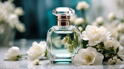 Obraz na płótnie Canvas A beautiful glass for womens perfume bottle on white flowers background from Generative AI