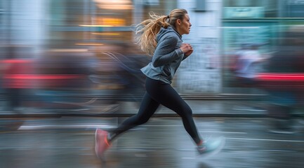 Naklejka premium A young female runner jogging at night on a city street with street lights with night exercise concept