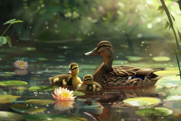 Obraz premium Duck family enjoy summer pond.