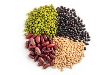 Collection of mix bean (soy beans, Adzuki bean, green mung, black bean) isolated on white background.