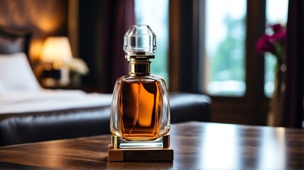 A beautiful glass for womens perfume bottle on wooden desk at luxury hotel room background from Generative AI - obrazy, fototapety, plakaty