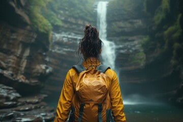 Obraz premium picture of a beautiful young woman in hiking clothes with a backpack on her back walking along a hiking trail near a waterfall Standing and looking at the waterfall in the forest