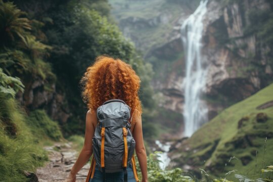A beautiful young woman in hiking clothes with a backpack on her back walking along a hiking trail near a waterfall Standing and looking at the waterfall in the forest