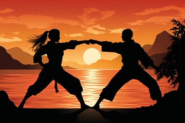 karate silhouette with sunset background